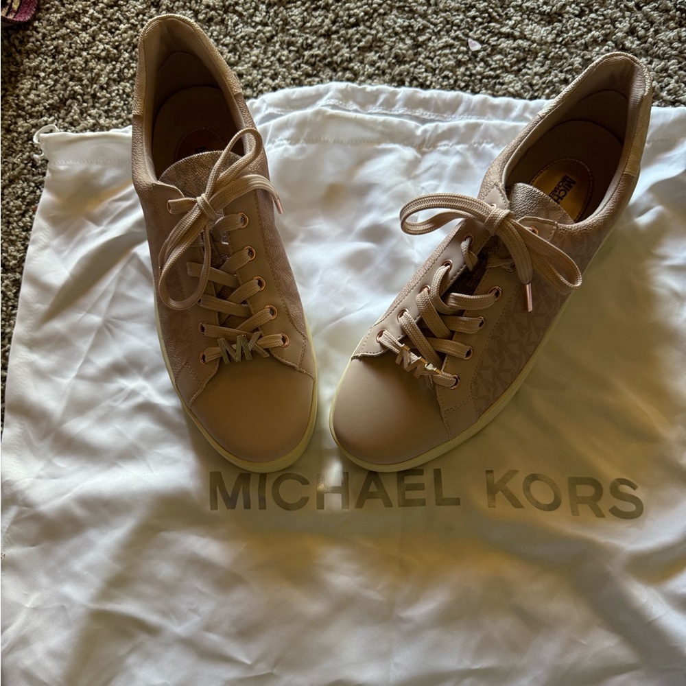 Pink And Rose Gold Michael Kors Monogrammed Sneakers
